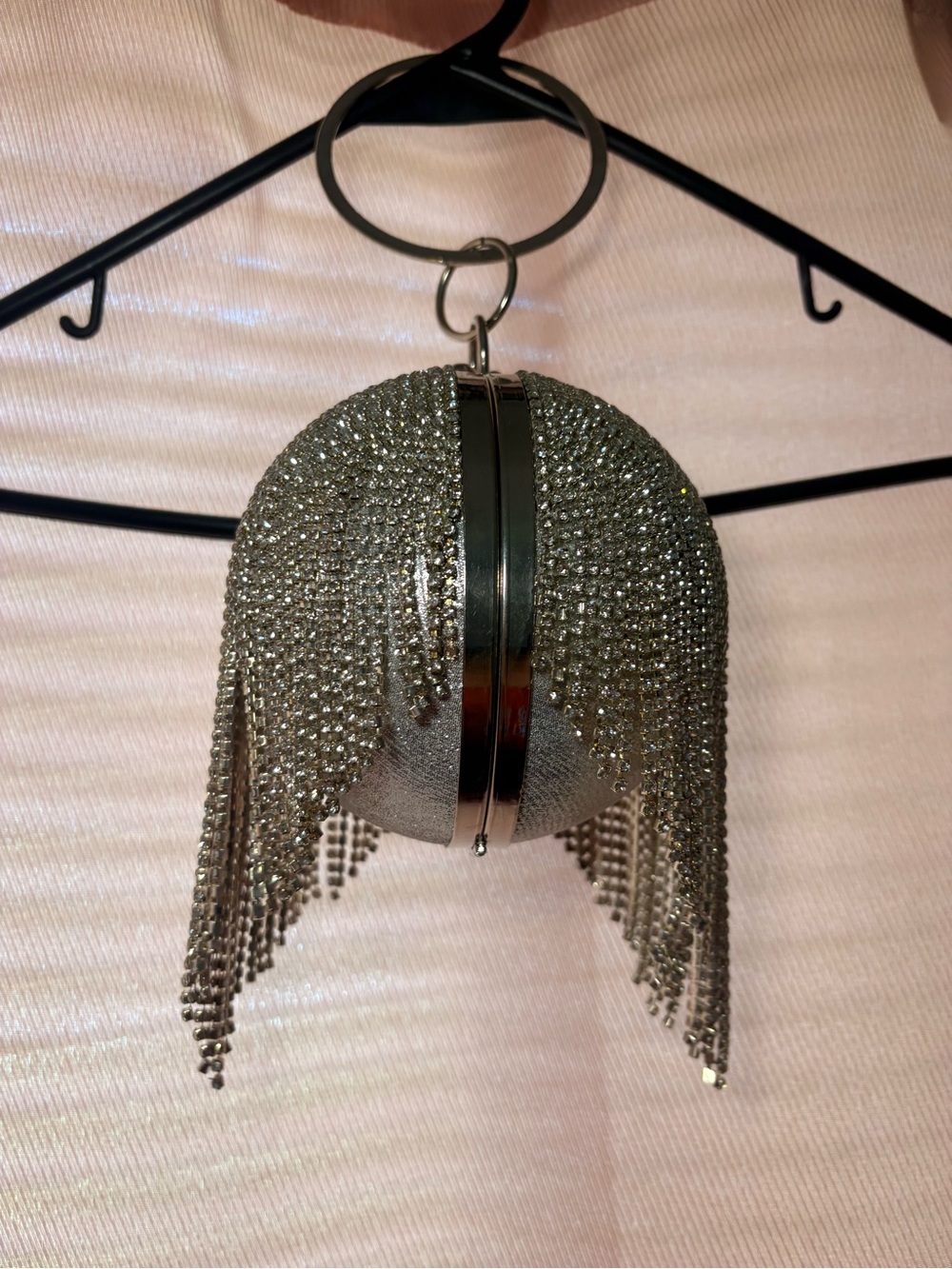 Fashion Nova Silver Rhinestone Fringe Sphere Clutch with Ring Handle